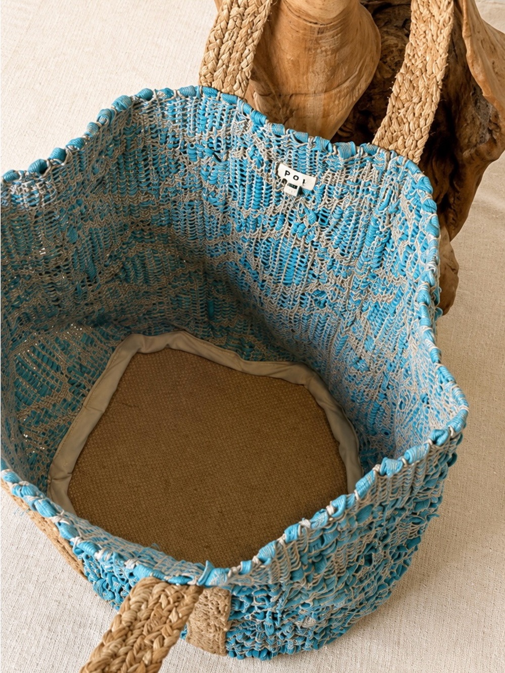 POL Handwoven Tote Bag in Turquoise with Natural Handles - Picture 5 of 6